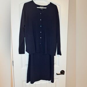 Eileen Fisher 100% Wool Navy Long Sleeve Button Cardigan and Matching Maxi Skirt